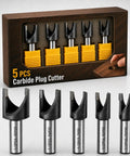 Kickass Carbide Tipped Wood Plug Cutters Set 5 Piece Collection With Protective Sleeves Covers 3/8 To 3/4 Inch Sizes displayed in a box.
