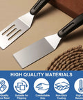 Two stainless steel kitchen spatulas with black handles; one slotted with three slots and one solid flat spatula.