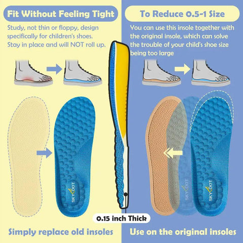 Durable Kids Insoles Replacement For Worn Shoes, Comfy Breathable Cut To Fit Inserts For Sneakers, Sturdy Soles, Blue