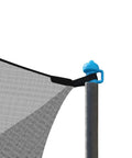 Close-up of Top Shelf 14 Foot Trampoline Enclosure Net with universal mesh attached to galvanized steel pole.