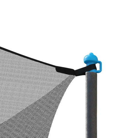 Close-up of Top Shelf 14 Foot Trampoline Enclosure Net with universal mesh attached to galvanized steel pole.