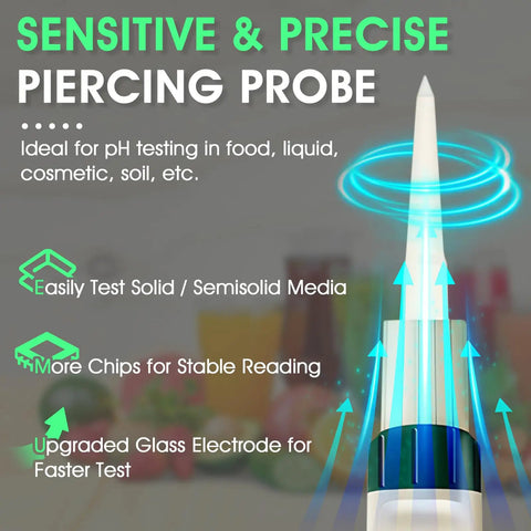 Close-up of All In One PH Meter for Foodie Kitchens and Home Use with ATC and Backlit Display piercing probe with glowing indicators