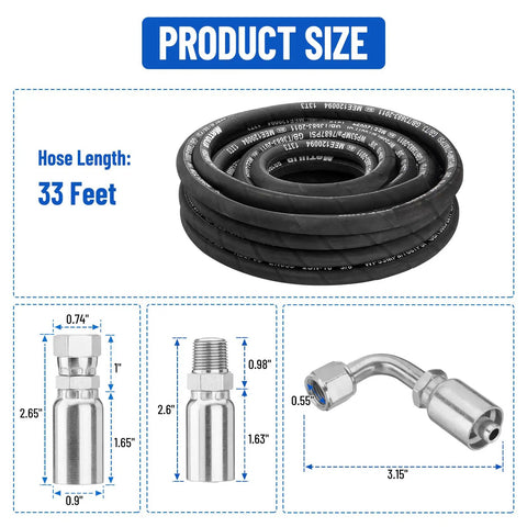 Beefed Up 3/8 Inch Hydraulic Hose Kit, 33 Ft With 16 Fittings Including JIC Female, NPTF Male And JIC 90 Degree Elbow, SAE 100 R2AT 2 Wire Braided Hydraulic Tube, High Pressure Up To 7687 PSI