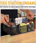 Metal Coffee Bar Organizer With Handles A Space Saving Countertop Station For Coffee Pods Stirrers Sugar Packets Straws And Tea Condiments In Sleek Mesh Black Finish With Durable Iron Build