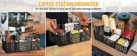 Metal Coffee Bar Organizer With Handles A Space Saving Countertop Station For Coffee Pods Stirrers Sugar Packets Straws And Tea Condiments In Sleek Mesh Black Finish With Durable Iron Build
