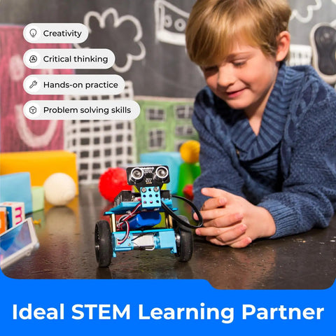 Ranger 3 In 1 Coding Robot Kit For Kids 10 Plus Bluetooth Edition Build Land Raider Tank Nervous Bird And Dashing Raptor Arduino Scratch Learning 16 Coding Projects STEM Kit The Epic Gift, child with blue robot