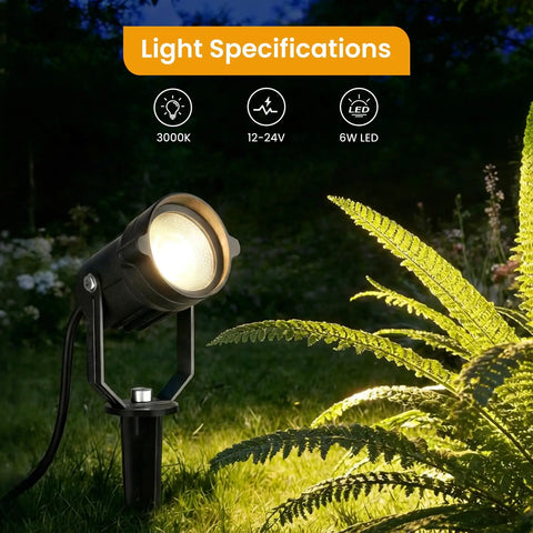 Low Voltage Landscape Lighting Kit Plug And Play With Dusk To Dawn Transformer spotlight illuminating garden plant, 6W LED, 3000K