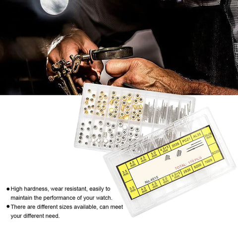 Pro Grade Watch Stem Extender And Crown Replacement Parts Kit With Storage Box showing various sizes and colors.