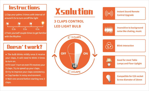 Three Clap Sound Activated Light Bulb For Bedroom Lamp, Clap Detection To Turn On Off, infographic on clapping instructions