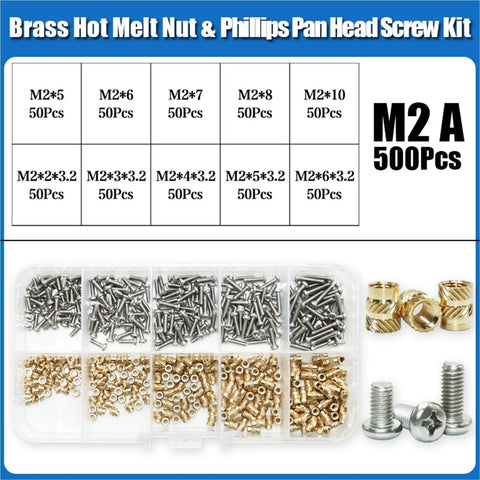 Brass Heat-Set Threaded Inserts Kit For DIY Plastic Projects M2 M3 M4 With Soldering Copper Insertion Tool 500-Piece Pack