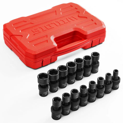 Heavy Duty 19 Piece Three Eighths Inch Drive Impact Socket Set With Chromoly Swivel Sockets includes red carrying case