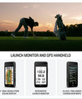Range-Ready Golf Launch Monitor And GPS Handheld Bundle With Large Color Touchscreen, 43K Courses, shown with golf player at sunset