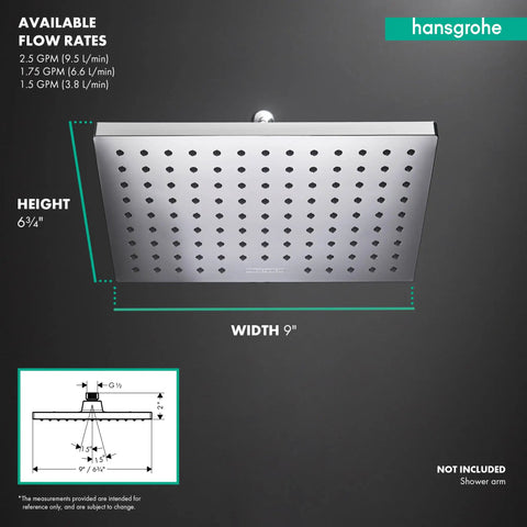 Vernis Blend 9 Inch Rain Showerhead Full Spray Matte Black 2.5 GPM, dimensions labeled, front view with flow rates shown.