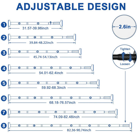 Diagram showing adjustable lengths of 32 To 90 Inch Adjustable Tension Curtain Rod In Black No Drill Easy Install.
