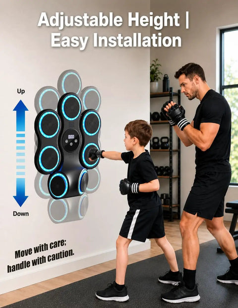 Child and adult training with Wall Mounted Boxing Trainer With 3D Uppercut Targets, Smart Musical Boxing Machine, includes gloves.