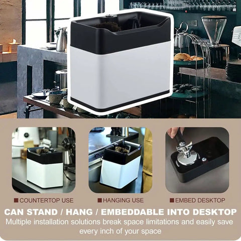 Automatic Electric Portafilter Cleaner Kit And Knock Box in a coffee shop setting, highlighting countertop and hanging use.
