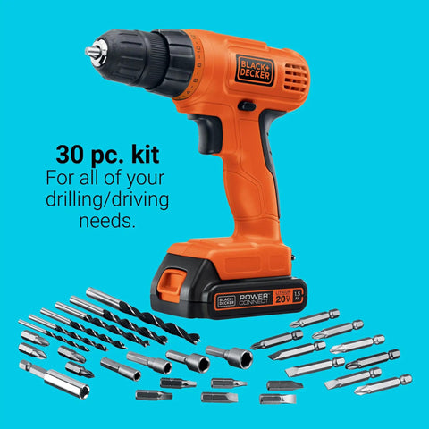20V Cordless Power Drill Driver Kit With 30 Piece Bit Set Battery And Charger Included Soft Grip Handle 24 Position Clutch For Precise Driving And Screwdriving Great For DIY Projects