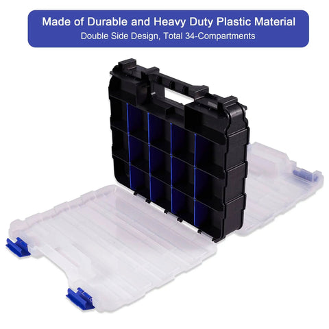 Open view of Double Sided 34 Compartment Small Parts Storage Case With Removable Dividers For Screws Nuts Bolts Nails And Tiny Hardware