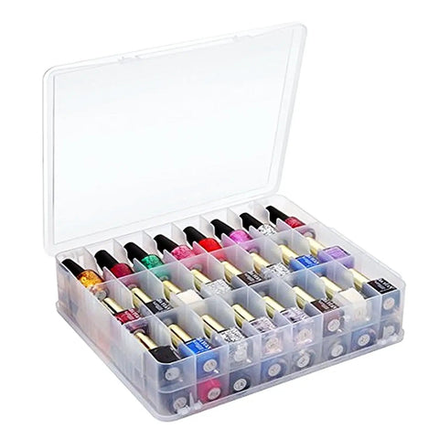 Universal Nail Polish Holder Organizer For 48 Bottles With Adjustable Dividers showing clear case with colorful bottles arranged neatly.
