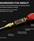 Heavy Duty Automatic Center Hole Punch Boss Level Adjustable Spring Guide With Hardened Steel Tip And Slick Cushion Grip For Marking Drilling Metal Wood Glass Or Windows Solid Hand Tool showing internal parts including spring and striker.