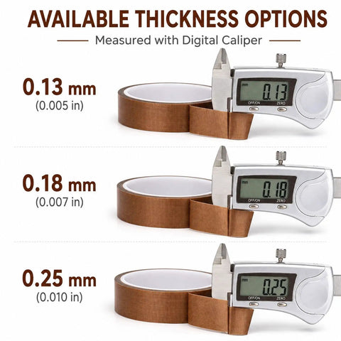 Available thickness options for Heavy Duty PTFE Fiberglass Adhesive Tape For Heat Sealers, showing 0.13mm, 0.18mm, 0.25mm.