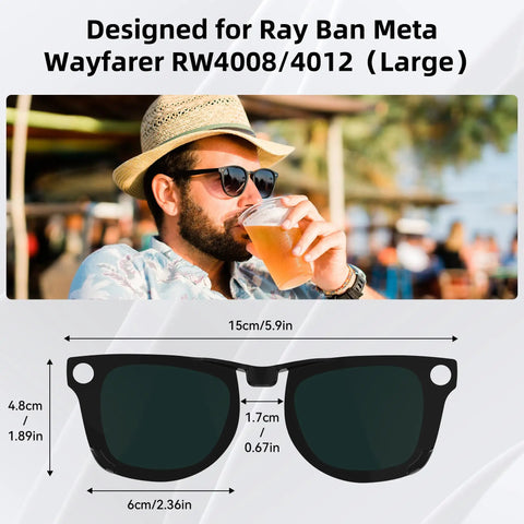 Man wearing Ray Ban Meta Wayfarer sunglasses with Polarized Clip Ons For Ray Ban Meta Wayfarer Gen 1 And Gen 2 Large 53 22 Sunglasses Discoloration Clips Protect Your Eyes Cool On Fleek And Fly Yellow, enjoying a drink at a sunny outdoor setting.