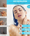 Woman enjoying a luxurious rain-like shower experience with a high pressure 18 inch square shower head, showing easy installation steps.