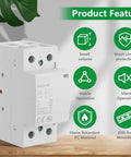 Heavy Duty 63A Two Pole Din Rail Contactor With 24V Ac Dc Coil Silent Running No Sweat Install on wooden surface with features highlighted.
