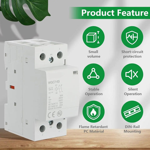 Heavy Duty 63A Two Pole Din Rail Contactor With 24V Ac Dc Coil Silent Running No Sweat Install on wooden surface with features highlighted.