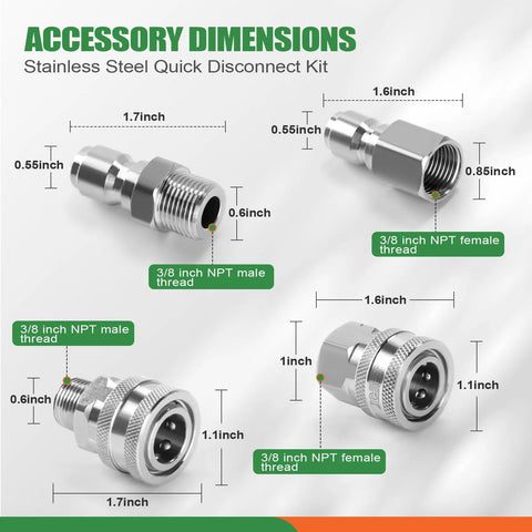 Pressure washer quick-connect fittings set, 8-piece, stainless steel with 3/8 inch NPT male and female threads