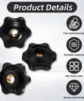 Heavy Duty Quarter Twenty Knobs 20 Pack Black Star Thumb Screws With Grippy Non Slip Handles, three views showcasing durable black material.