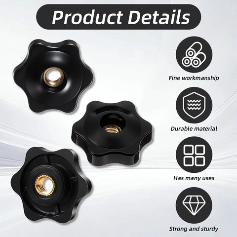 Heavy Duty Quarter Twenty Knobs 20 Pack Black Star Thumb Screws With Grippy Non Slip Handles, three views showcasing durable black material.
