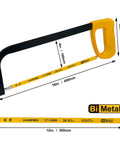 Side view of Hanpex 12in high-tension hacksaw frame with 24 TPI Bi-Metal blade and yellow handle