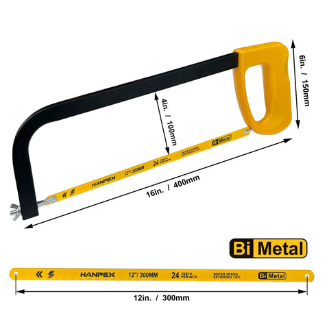 Side view of Hanpex 12in high-tension hacksaw frame with 24 TPI Bi-Metal blade and yellow handle