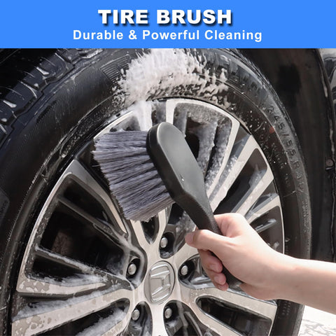 Using tire brush from Pro Grade Wheel And Rim Cleaning Brush Set for Cars And Motorcycles on a soapy tire.