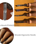 Wide Mouth Leather Edge Skiving Beveler Set Pro Grade With Six Blades Skiver Knife For Leather Craft DIY shown with wooden handles and blades