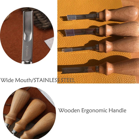 Wide Mouth Leather Edge Skiving Beveler Set Pro Grade With Six Blades Skiver Knife For Leather Craft DIY shown with wooden handles and blades