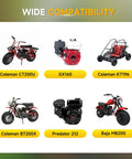 Wide compatibility chart featuring Coleman mini bikes, go-karts, and engines, highlighting various models compatible with replacement parts.