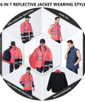 High Visibility 6 In 1 Reflective Oxford Jacket Parka Insulated ANSI Class 3 Construction Workwear demonstrating versatile wearing styles