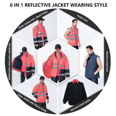 High Visibility 6 In 1 Reflective Oxford Jacket Parka Insulated ANSI Class 3 Construction Workwear demonstrating versatile wearing styles
