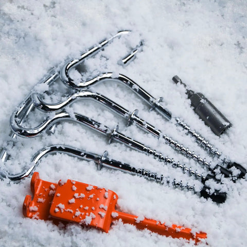 Ice Anchor Tool Kit For Cold Weather Fishing And Camping Beefy Stainless Steel Tent Stakes With Drill Adapter in snow
