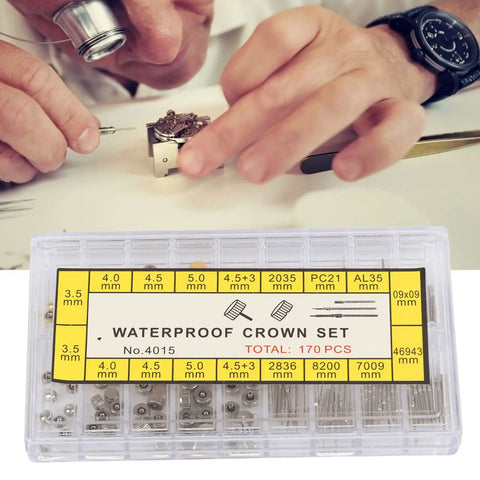 Watchmaker using gold and silver watch stem extender and repair kit with stainless steel parts in box, 170 pieces