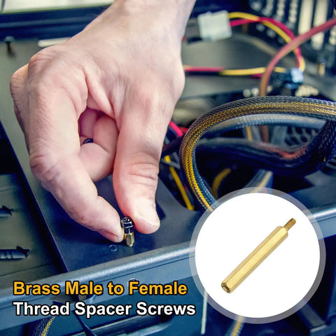 Heavy Duty Brass Hex Standoff Screw Set Providing A Slick Male To Female Thread Structure Crafted For Drone Quads Computers And Motherboards with a hand installing screw.