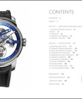 Ultimate Guide to Mechanical Wristwatches: An Image-Rich, Practical Handbook for Watch Nerds, Collectors, and Anyone Curious About Timeless Gear and Fine Timepieces content page with a skeleton mechanical wristwatch on black strap