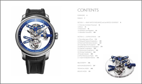 Ultimate Guide to Mechanical Wristwatches: An Image-Rich, Practical Handbook for Watch Nerds, Collectors, and Anyone Curious About Timeless Gear and Fine Timepieces content page with a skeleton mechanical wristwatch on black strap