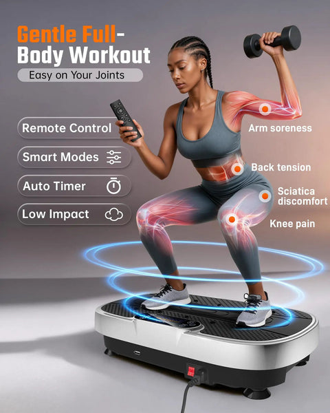 Woman using Vibration Plate Exercise Machine For Home Gym Full Body Workout With Loop Bands for low impact fitness and weight loss