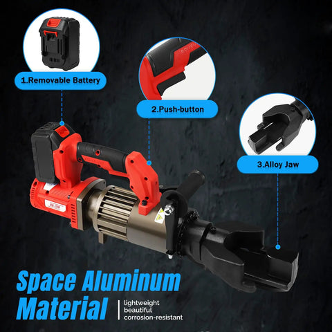 Loschen Cordless Electric Rebar Bender For DIY Pros showing removable battery, push-button, and alloy jaw.