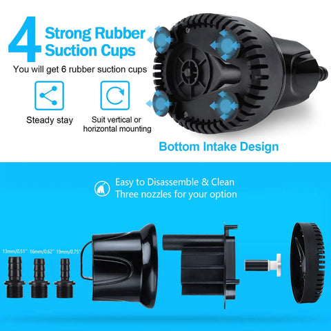 Submersible Fountain Pump 550 GPH, Quiet Outdoor Water Pump with rubber suction cups and nozzles for aquarium, pond, fish tank.