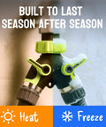 Heavy Duty 2 Way Hose Splitter Built Tough Metal Y Connector With No Fuss Shutoff Valves For Spigot Brass Outdoor Faucet Adapter Three Quarter Inch GHT Water Hose Connector Green in heat and freeze test