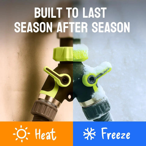 Heavy Duty 2 Way Hose Splitter Built Tough Metal Y Connector With No Fuss Shutoff Valves For Spigot Brass Outdoor Faucet Adapter Three Quarter Inch GHT Water Hose Connector Green in heat and freeze test
